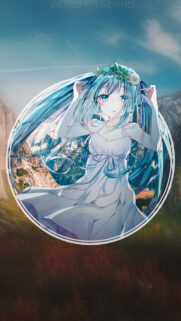 Hatsune Miku Anime Girl with Floral Crown in Mountain Landscape Mobile Wallpaper