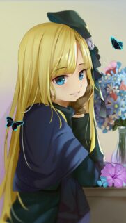 Beautiful Anime Girl with Blonde Hair and Blue Butterflies Mobile Wallpaper