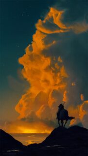 Lone Knight on Horseback Under Golden Sunset Clouds Mobile Wallpaper