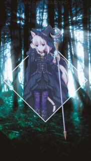 Cute Anime Cat Girl Witch with Magic Staff in Mystical Forest Wallpaper