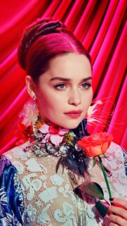 Emilia Clarke Portrait with Red Rose and Floral Details Mobile Wallpaper