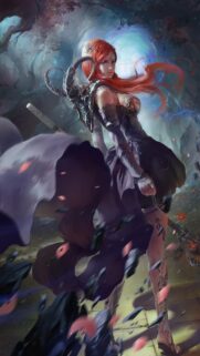Stunning Fantasy Red Hair Warrior Girl in Dark Forest Mobile Wallpaper