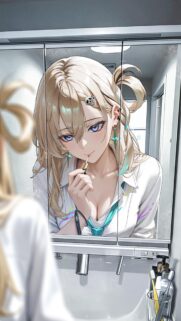 Anime Girl Applying Lipstick in Mirror Mobile Wallpaper HD