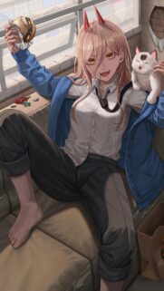 Power from Chainsaw Man Eating Burger with Meowy High Quality Wallpaper