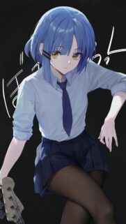 Cool Blue Hair Anime Girl with Bass Guitar Aesthetic Mobile Wallpaper