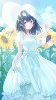 Anime Girl in White Dress with Sunflowers High Quality Mobile Wallpaper