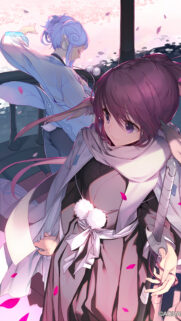 Beautiful Anime Girls With Swords and Sakura Petals Mobile Wallpaper