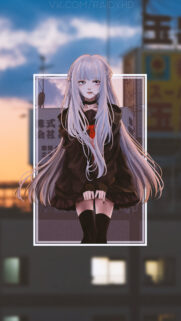 Anime Girl with Long Silver Hair in Urban Twilight Aesthetic Mobile Wallpaper