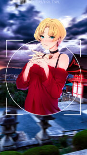 Anime Girl in Red Sweater at Japanese Temple Mobile Wallpaper