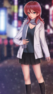 Anime Girl in Winter Outfit Street Background Mobile Wallpaper