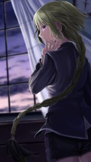 Anime Girl with Long Braided Hair Standing by Window Wallpaper