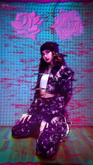 Lisa Blackpink Glitch Aesthetic Wallpaper in Neon Purple and Blue