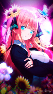 Nino Nakano Anime Wallpaper with Sunflowers and Neon Butterflies High Resolution Mobile Background