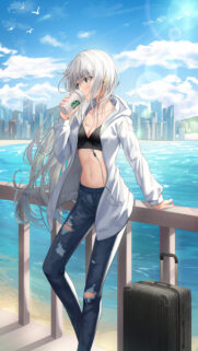 Anime Girl with Long Silver Hair Drinking Coffee by the Ocean City Skyline Wallpaper