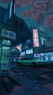Aesthetic Pixel Art Street with Retro Sports Car and Cherry Blossoms Mobile Wallpaper