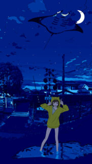 Anime Girl in Yellow Hoodie under Flying Manta Ray Night Wallpaper