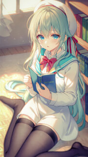 Beautiful Anime Girl Reading Das Kapital in Library Aesthetic Wallpaper