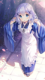 Cute Anime Girl in Blue Kimono Apron Mobile Wallpaper