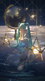 Hatsune Miku Celestial Dream Wallpaper with Glowing Stars and Earth Globe