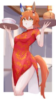 Cute Anime Waitress in Traditional Red Qipao Horse Girl Wallpaper