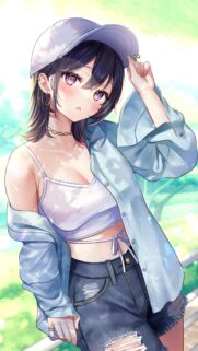 Beautiful Anime Girl With Purple Eyes and Summer Outfit Wallpaper