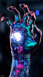 Holographic Iridescent Hand with Glowing Energy Crystal Core Wallpaper