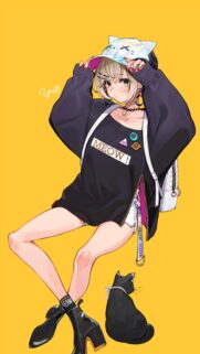 Anime Girl in Cat Ear Hat and Streetwear Aesthetic Wallpaper