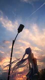Anime Girl with Long Twintails Looking at Sunset Sky Wallpaper