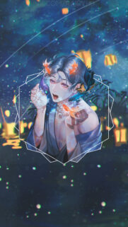 Anime Boy with Magical Goldfish and Floating Lanterns Aesthetic Wallpaper