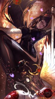 Bayonetta Stylish Action Character Wallpaper with Sword and Magical Butterflies