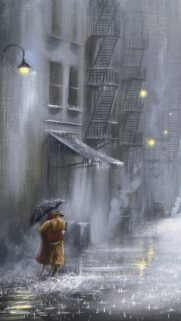 Romantic Couple Walking in Rainy City Street Oil Painting Wallpaper