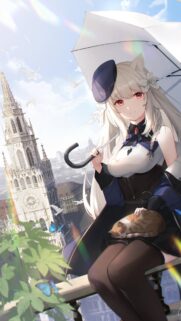 Anime Cat Girl with Umbrella and Sleeping Cat Wallpaper in European City