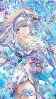 Stunning Anime Girl with Katana and Floral Kimono Mobile Wallpaper