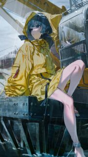 Anime Girl in Yellow Raincoat Sitting in the Rain Aesthetic Mobile Wallpaper