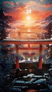 Stunning Japanese Torii Gate at Sunset Mountain Landscape 4K Mobile Wallpaper