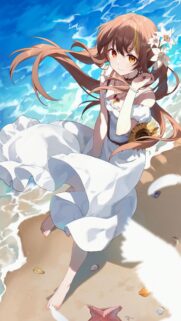 Anime Girl in White Dress on Summer Beach High Quality Wallpaper