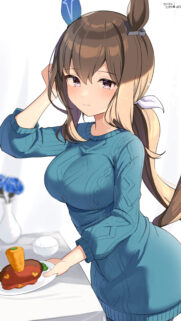 Cute Anime Girl with Brown Hair Wearing Blue Sweater Wallpaper for Mobile