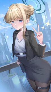 Anime Business Girl with Halo Aesthetic City Background Wallpaper