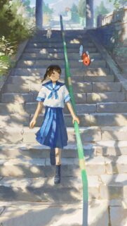 Anime Schoolgirl Walking Down Sunny Stone Stairs Art Wallpaper