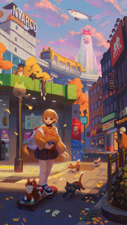 Anime Girl Skateboarding in Cat Themed City Aesthetic Wallpaper