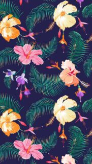 Tropical Hibiscus and Palm Leaves Floral Pattern Mobile Wallpaper
