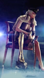 Stunning Blonde Military Commander Wallpaper with Golden Robotic Leg and Revolver