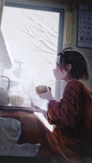 Cozy Anime Girl Enjoying Tea by a Snowy Window Mobile Wallpaper