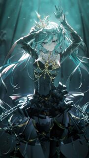 Elegant Anime Queen in Black Dress with Mint Hair Aesthetic Wallpaper