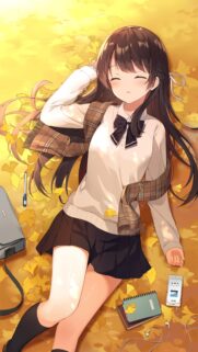 Cute Anime Girl Resting on Autumn Ginkgo Leaves High Quality Mobile Wallpaper