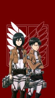 Attack on Titan Mikasa and Levi Premium Mobile Wallpaper with Survey Corps Emblem