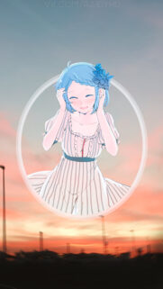 Cute Anime Girl with Blue Hair in Striped Dress at Sunset Wallpaper