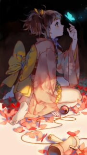 Anime Girl in Traditional Kimono with Glowing Blue Butterfly Mobile Wallpaper