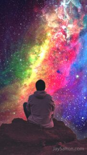 Person Stargazing Under Vibrant Colorful Nebula Galaxy Mobile Wallpaper