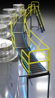 Futuristic Industrial Factory Walkway with Metallic Tanks Wallpaper